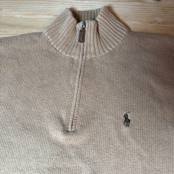 Polo Ralph Lauren Sweater Knit 1/4 Zip Camel Khaki Cotton Mens M Brown Pony Vtg